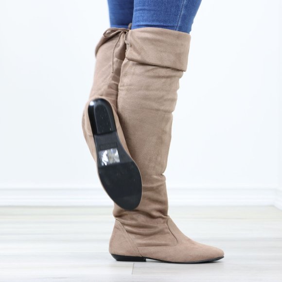 Fold Over Taupe Thigh High Over The Knee Flat No Heel Boots Faux Suede Pointed - Picture 4 of 14